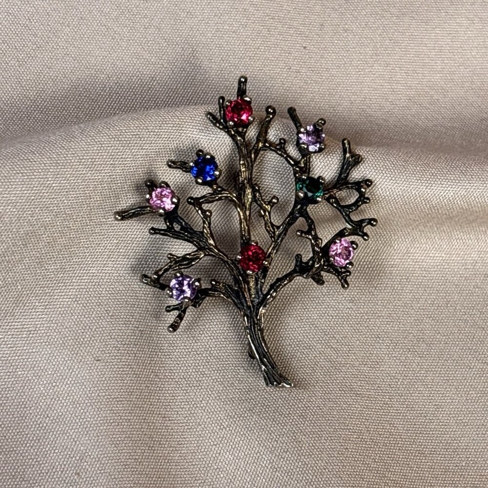 VTG Marked STERLING Vermeil Tree Of Life Colorful Pin Brooch With Gem Stones B46